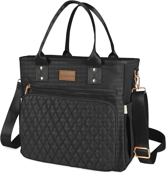 Large Insulated Lunch Bag for Professionals, Women's Nylon Thermal Cooler Tote with Leakproof Design and Storage Pocket (Black)