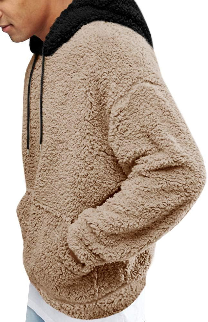 Men's Fuzzy Sherpa Pullover Hoodie Sweatshirt with Front Pocket - Long Sleeve Military-Inspired Fall and Winter Outerwear