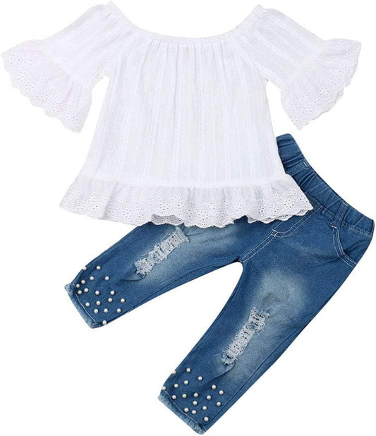 Toddler Kids Clothing Baby Girls Vest Tank Top Ripped Denim Shorts Skirts Outfits Clothes Set (2-3 Years, White)