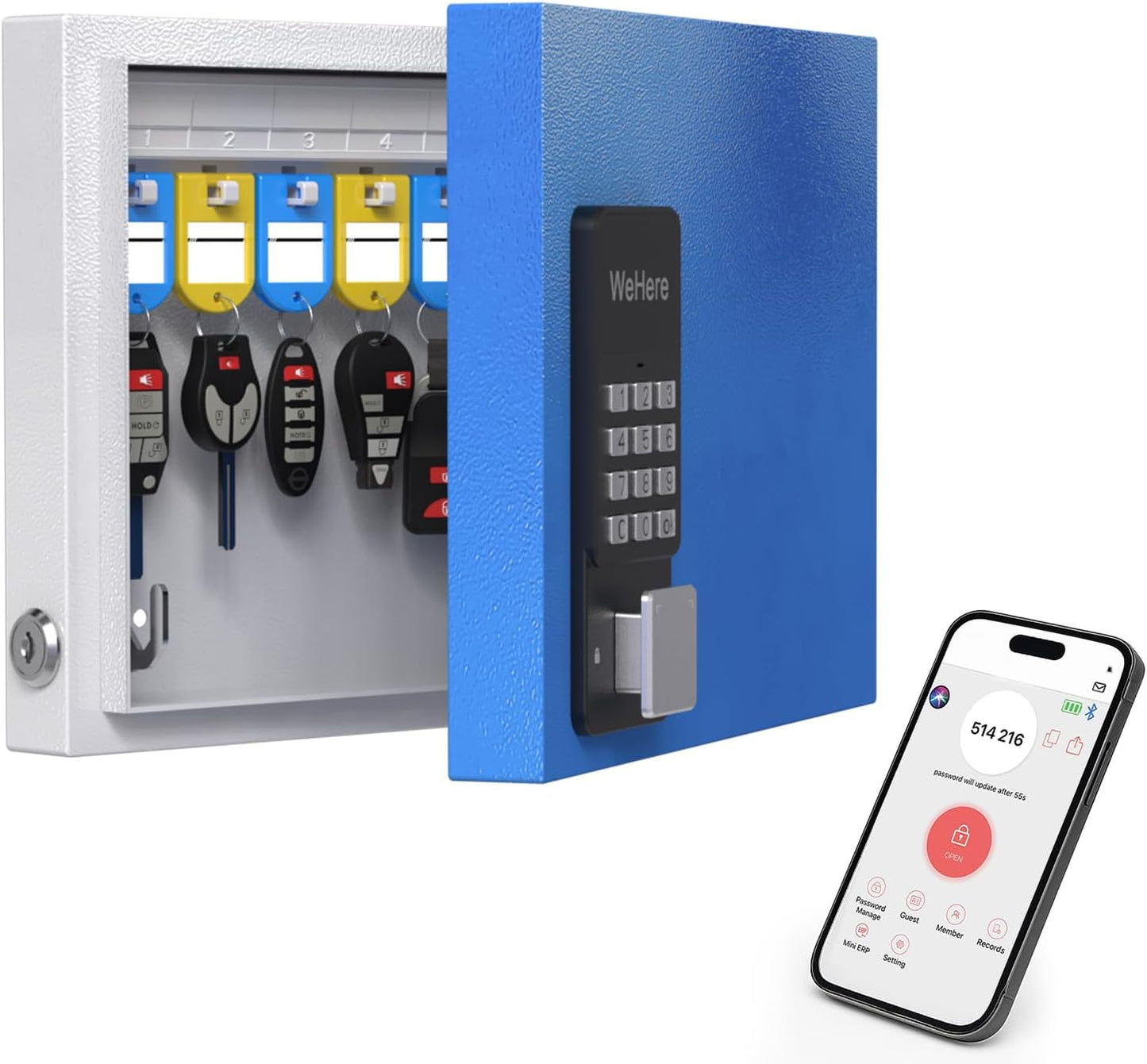 16 Key Lock Box Wall Mount, Smart Key Cabinet with Key Tags, Bluetooth App Control, OTP & Password Unlock, Wi-Fi Remote Unlock (Bridge Sold Separately), Steel Key Safe for Office Home Business