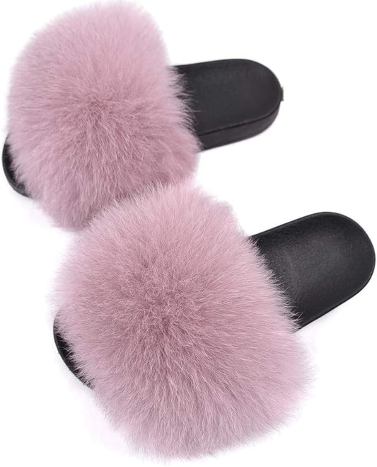 Women's Real Fox Fur Slides - Luxurious Fluffy Open Toe Flat Sandals for Outdoor Wear