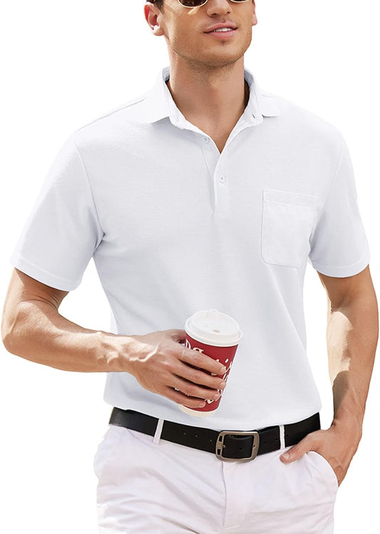Men's Slim Fit Cotton Pique Golf Polo Shirt - White