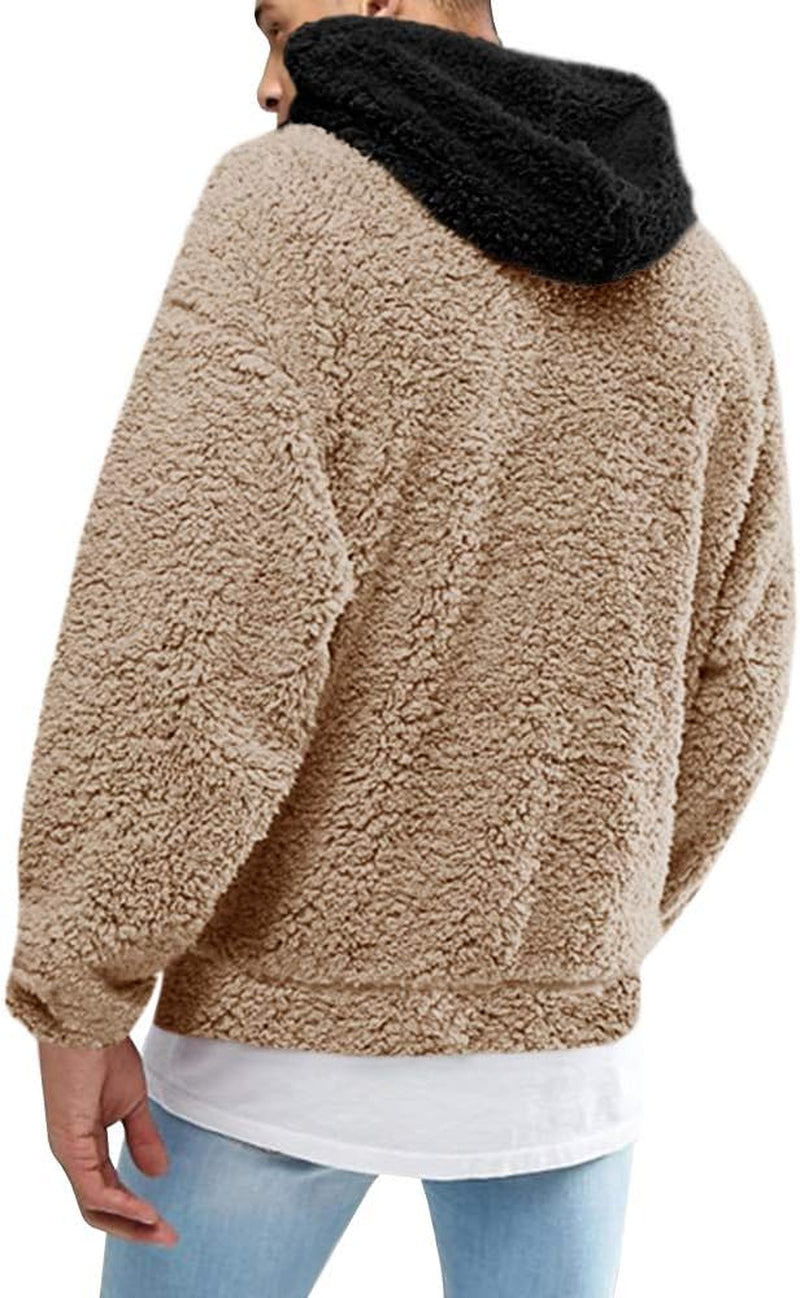 Men's Fuzzy Sherpa Pullover Hoodie Sweatshirt with Front Pocket - Long Sleeve Military-Inspired Fall and Winter Outerwear