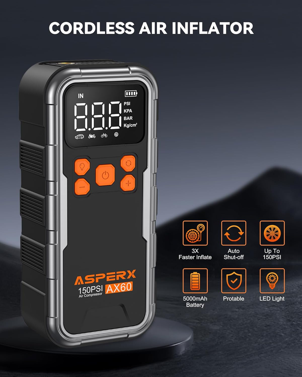 Tire Inflator Portable Air Compressor, 150PSI Cordless Air Pump for Car Tires, 3X Faster Air Inflator Tire Pump with Digital Pressure Gauge and Emergency LED Light for Motorcycle Bike Ball Car