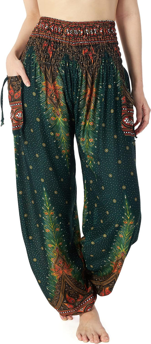 Women's Bohemian Flowy Harem Pants with Smocked Waist for Yoga and Casual Wear