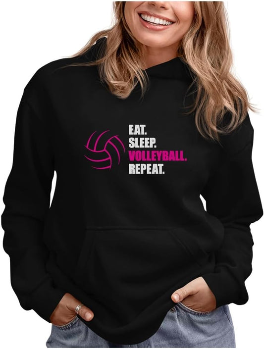 Eat Sleep Volleyball Repeat Hoodie - Humorous Athletic Hoodie for Teen Girls and Women - Ideal Gift for Players and Fans in Medium Black