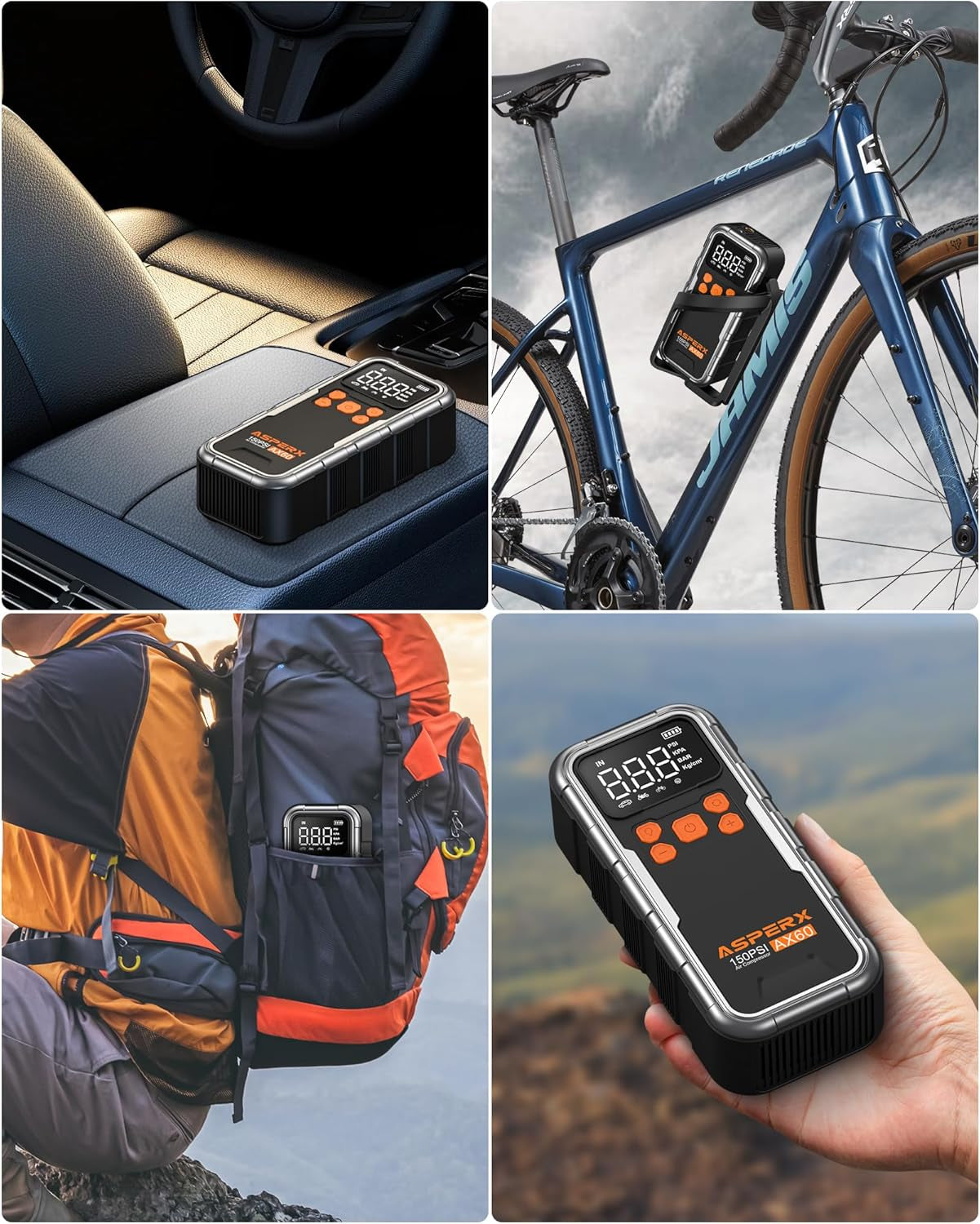 Tire Inflator Portable Air Compressor, 150PSI Cordless Air Pump for Car Tires, 3X Faster Air Inflator Tire Pump with Digital Pressure Gauge and Emergency LED Light for Motorcycle Bike Ball Car