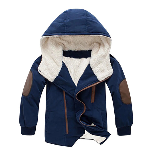 2025 Boys Cotton-Padded with Thick Fleece Hooded Mid-Length Cotton Jacket
