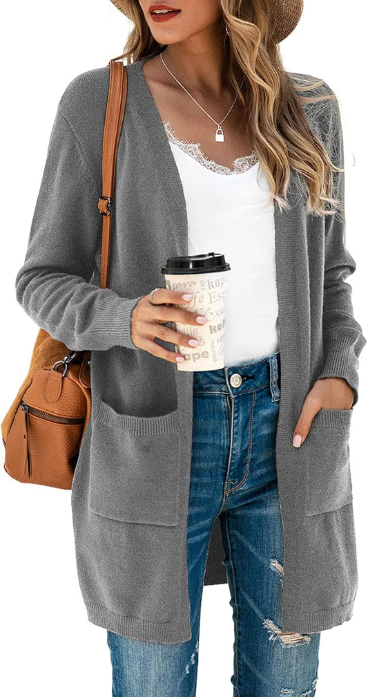Women's Oversized Kimono Cardigan - Long Sleeve Open Front Casual Knit Sweater Coat with Pockets