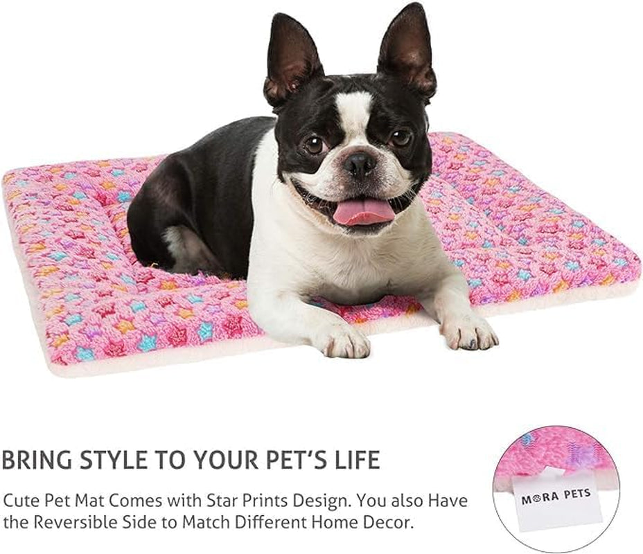 Ultra Soft Reversible Dog Bed Crate Pad with Star Print - Washable Pet Mat for Large, Medium, and Small Dogs and Cats - 29 x 21 Inch - Pink
