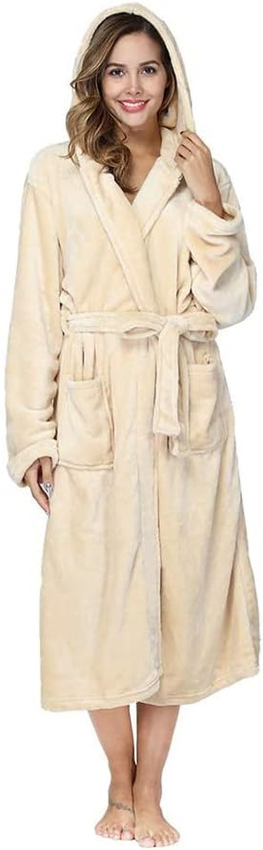 Women's Plush Fleece Hooded Bathrobe in Yellow - Thick Nightgown with Pockets, Fluffy Sleepwear, Medium Size