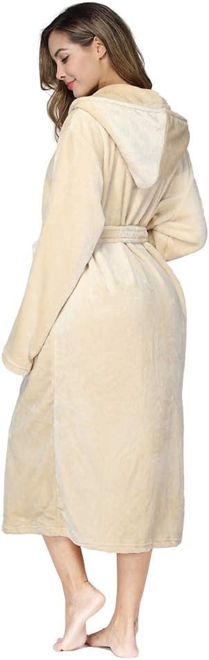 Women's Plush Fleece Hooded Bathrobe in Yellow - Thick Nightgown with Pockets, Fluffy Sleepwear, Medium Size