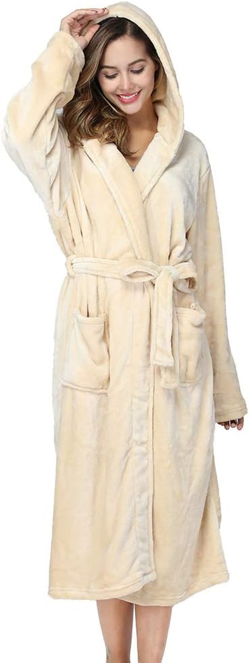 Women's Plush Fleece Hooded Bathrobe in Yellow - Thick Nightgown with Pockets, Fluffy Sleepwear, Medium Size