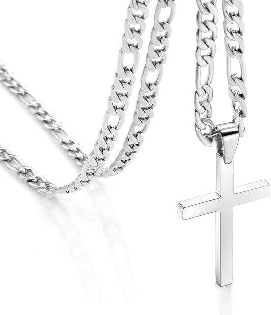 Cross Necklace for Men - Stainless Steel Silver/Gold Plain Cross Pendant Necklace Simple Jewelry Gifts, 20/22/24/26 Inches 3:1 Figaro Link Chain 4/5/6Mm Width