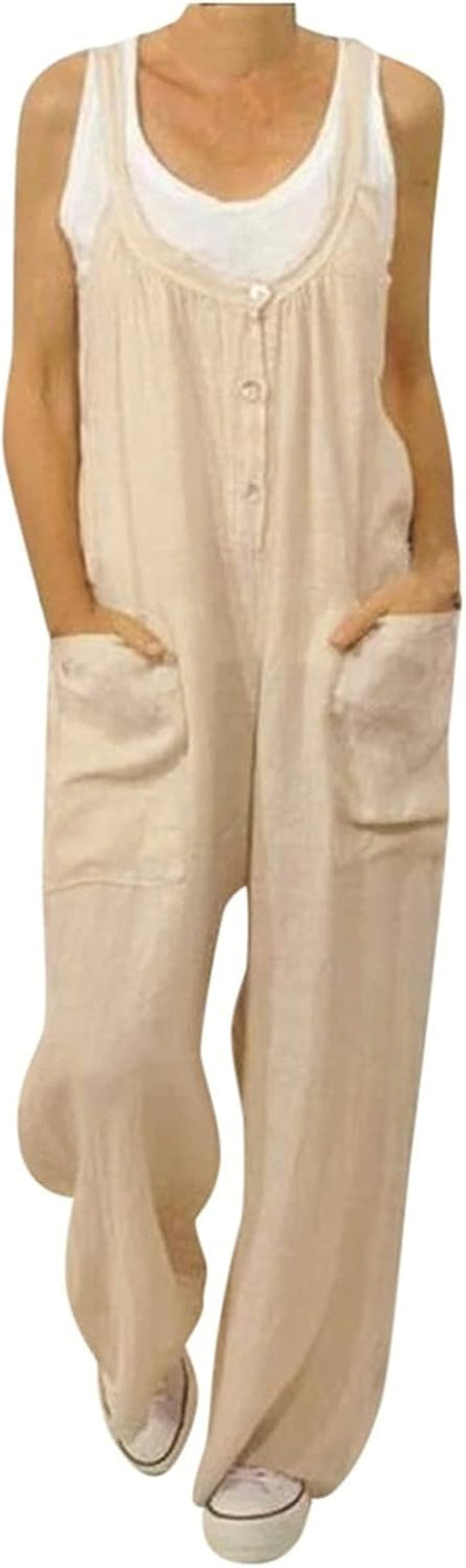 Women's Casual Cotton Jumpsuits - Baggy Overalls with Wide Leg Design and U-Neck for Summer Wear