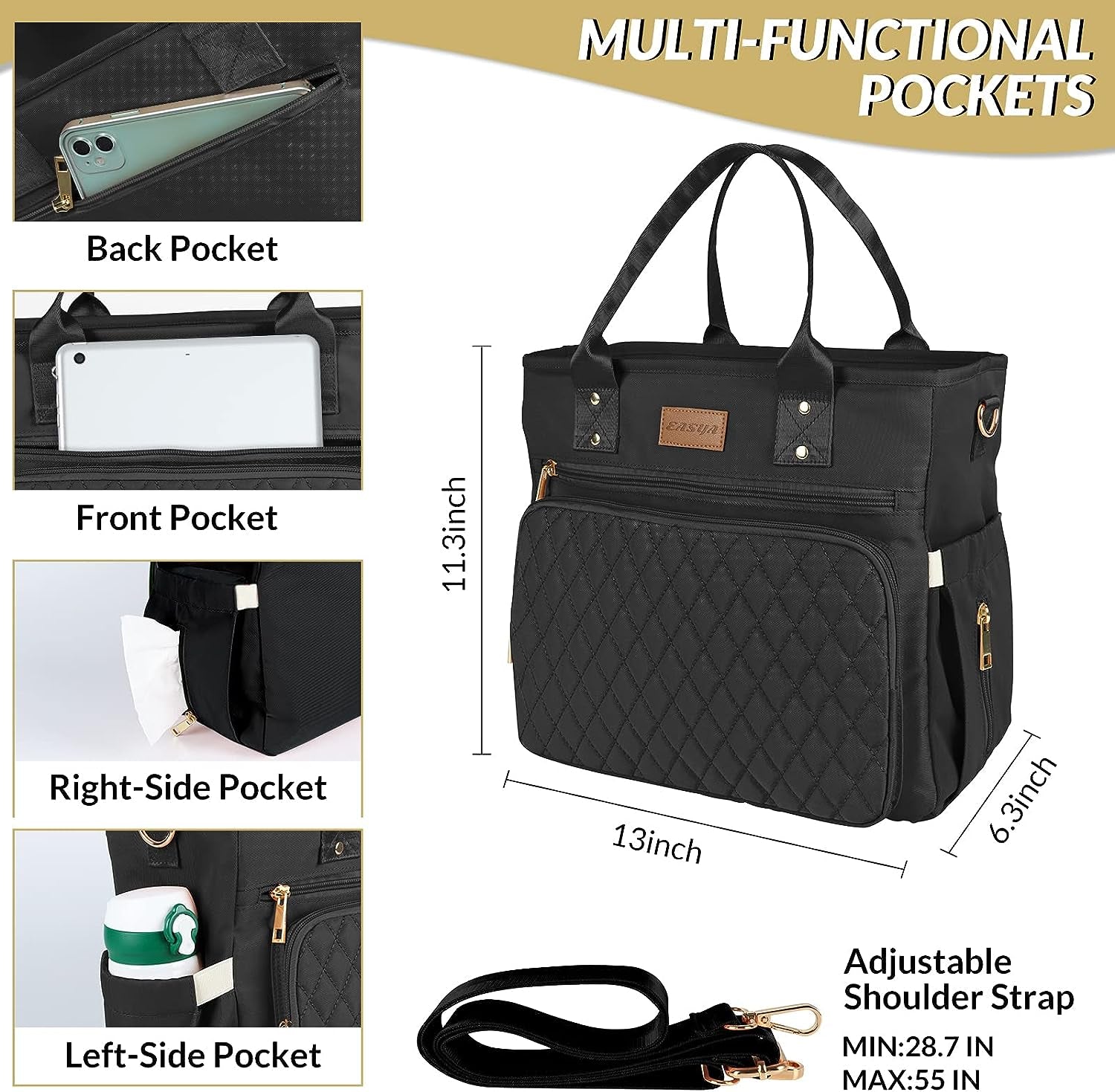 Large Insulated Lunch Bag for Professionals, Women's Nylon Thermal Cooler Tote with Leakproof Design and Storage Pocket (Black)