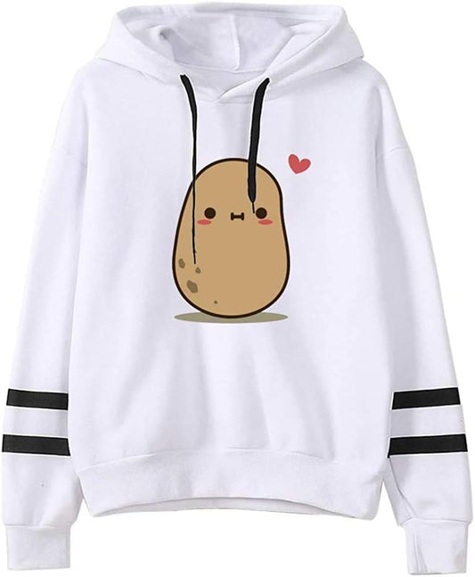 Teen Girls' White Potato Hooded Sweatshirt - Women's Long Sleeve Cute Pullover Top (Small)