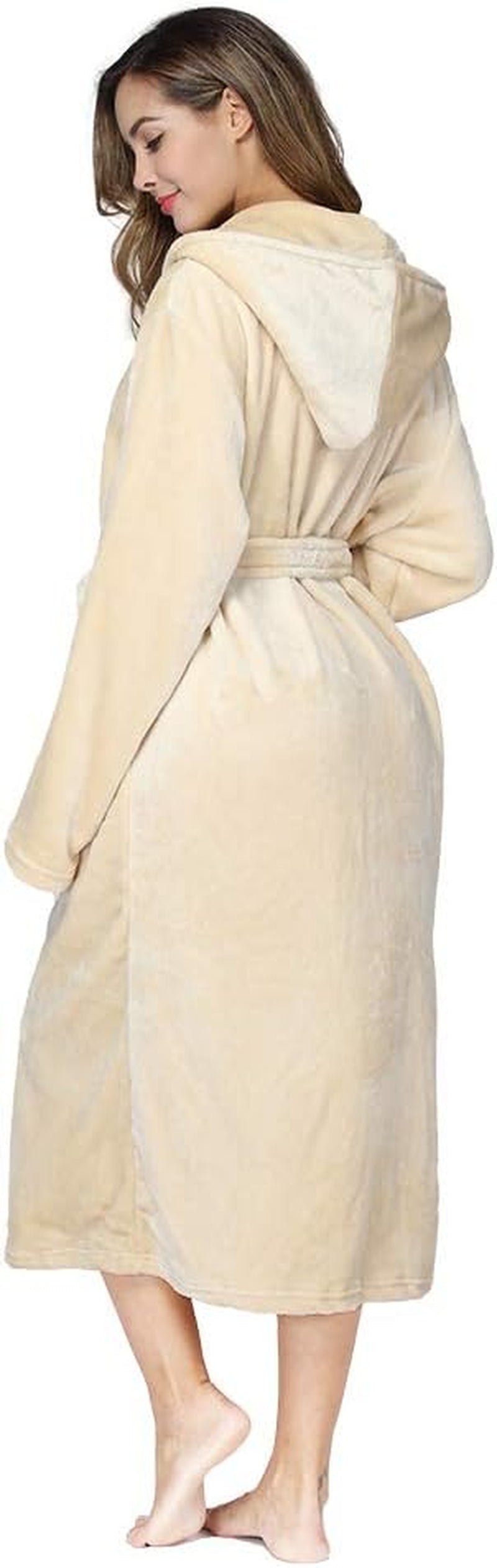 Women's Plush Fleece Hooded Bathrobe in Yellow - Thick Nightgown with Pockets, Fluffy Sleepwear, Medium Size