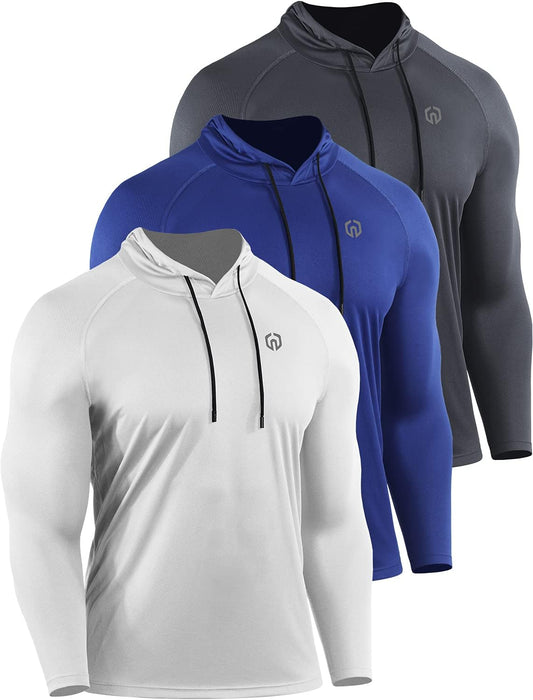 Men's Long Sleeve Mesh Running Shirts with Hoods - 3 Pack Athletic Apparel in White, Grey, and Blue, Size 3XL