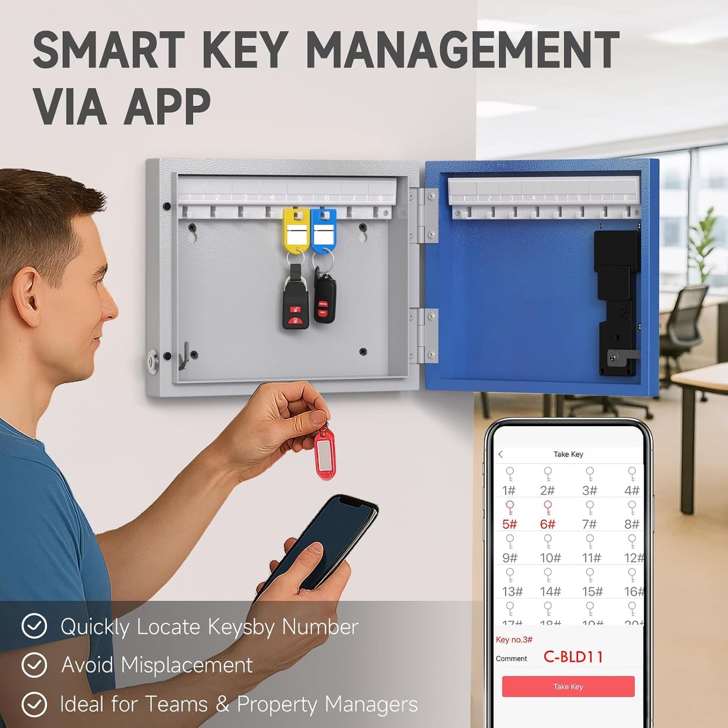 16 Key Lock Box Wall Mount, Smart Key Cabinet with Key Tags, Bluetooth App Control, OTP & Password Unlock, Wi-Fi Remote Unlock (Bridge Sold Separately), Steel Key Safe for Office Home Business