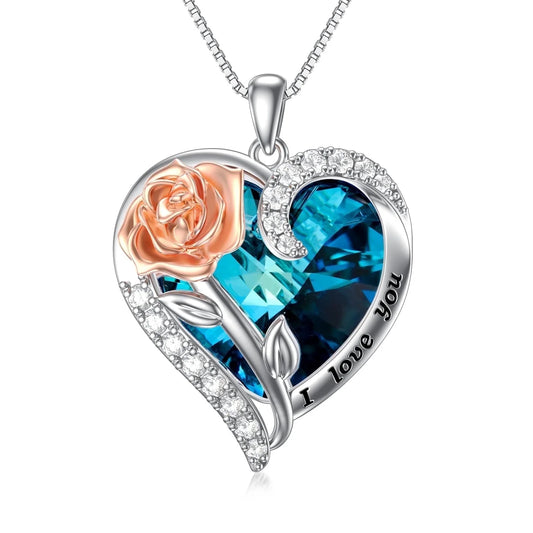 Sterling Silver Rose Flower Pendant Sapphire Necklace with Heart Crystal September Birthstone Pendant Jewelry
