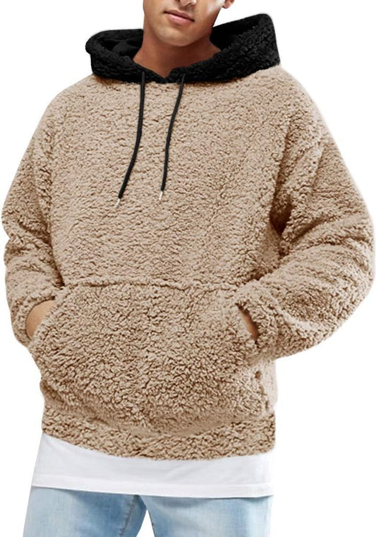 Men's Fuzzy Sherpa Pullover Hoodie Sweatshirt with Front Pocket - Long Sleeve Military-Inspired Fall and Winter Outerwear
